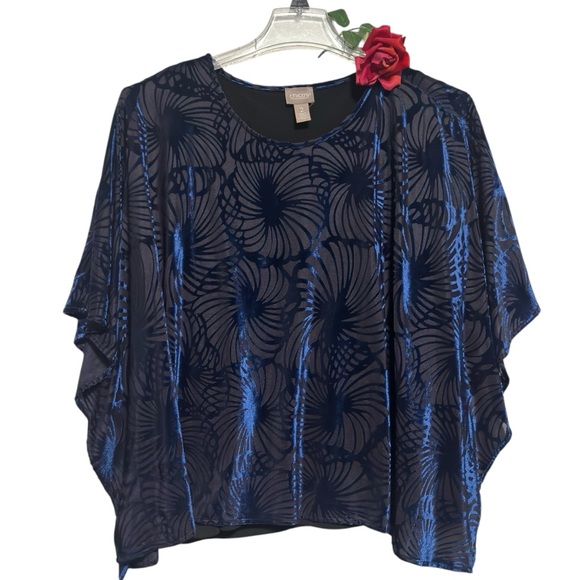 Chicos Pancho Cape attached top semi transparent metallic textured blue black M. - Picture 1 of 12